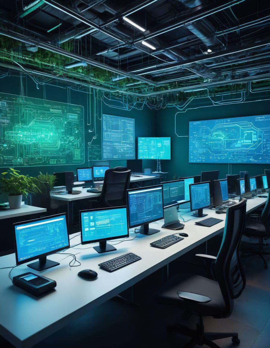 A dynamic and modern workspace with a diverse group of developers collaborating on laptops, surrounded by digital schematics and code snippets on floating screens. Include elements of web frameworks, hosting servers, and cloud services merging seamlessly. Vibrant hues of blue and green to invoke innovation. super-realistic. vibrant colors.