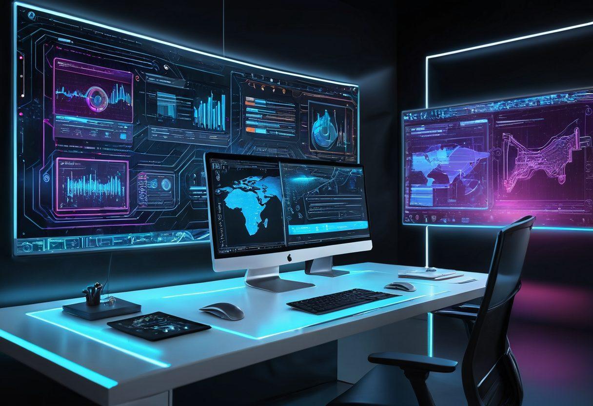 A futuristic digital workspace filled with advanced web design tools, holographic screens displaying code and modern UI elements. A skilled designer works on sleek interfaces, emphasizing creativity and innovation. Background includes subtle network patterns and glowing circuits. super-realistic. vibrant colors. tech-inspired. modern minimalism.