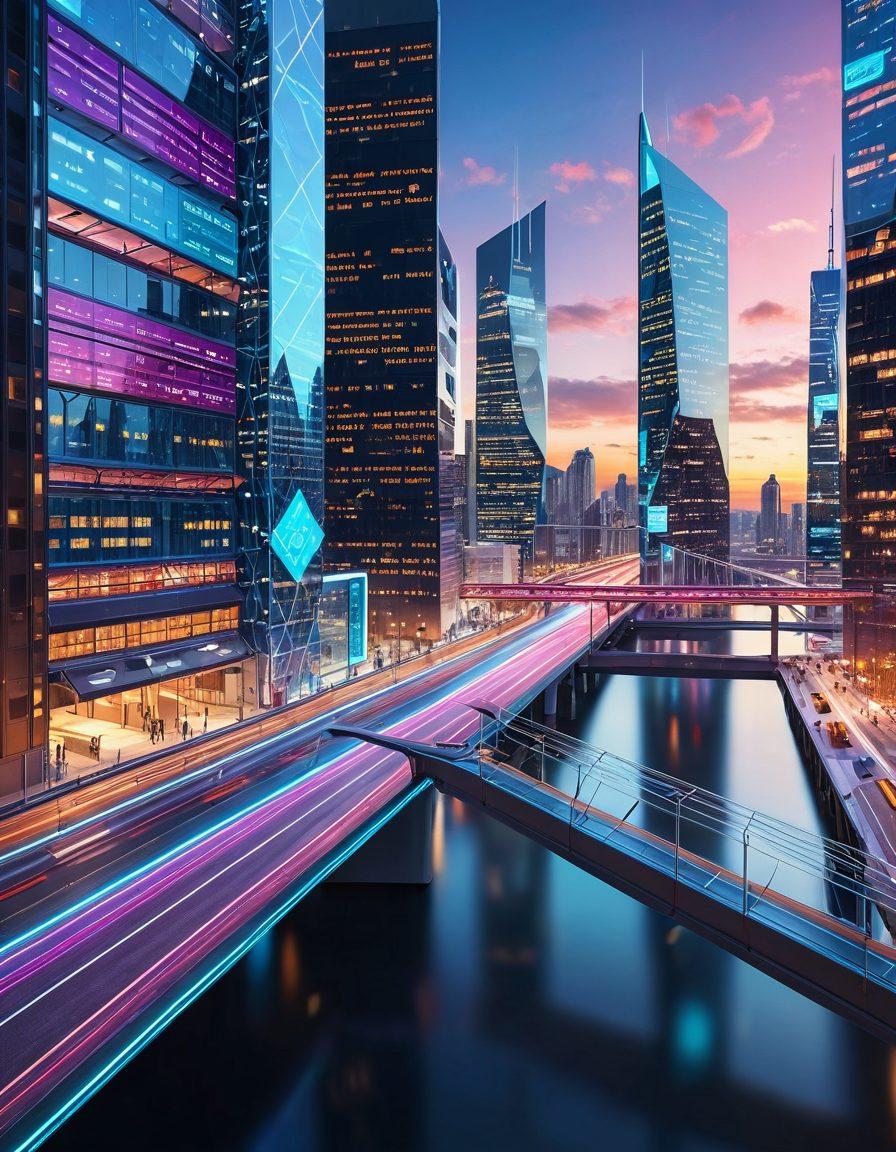 A dynamic and futuristic cityscape split in half, with one side showing web development elements like code, servers, and a user-friendly interface, while the other side showcases mobile app features with a sleek, intuitive design and vibrant icons. Bridges connect the two halves, symbolizing integration and transformation. digital illustration. vibrant colors. 3D rendering.